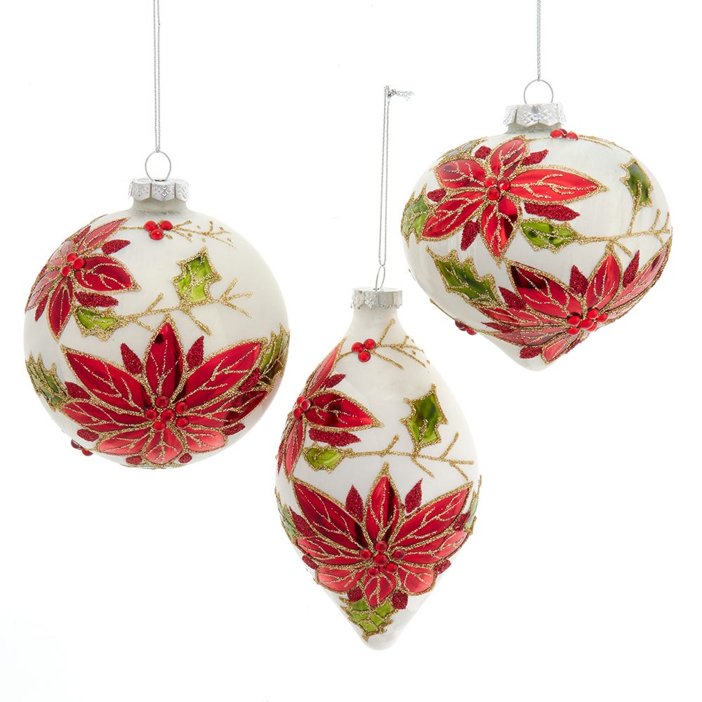 4" Glass Poinsettia Ball/Drop/Onion Ornament, 3 Assorted F2349