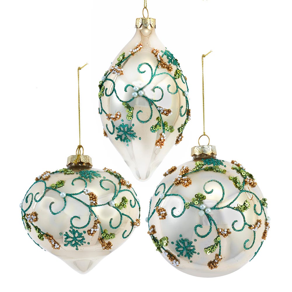 3-5.5" Aqua & Gold Glass Ball/Onion/Finial Ornament, 3 Assorted F2366