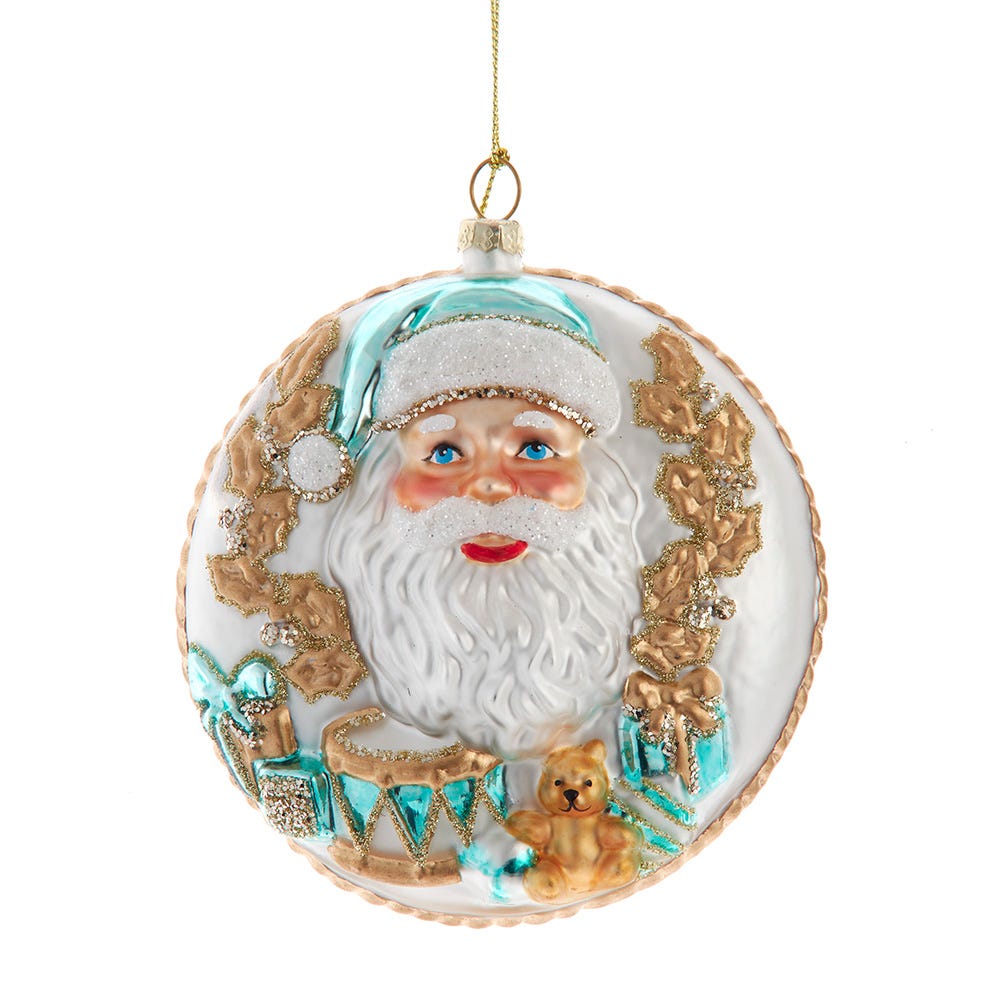 4" Aqua & Gold Glass Double-Sided Santa Disc Ornament F2367