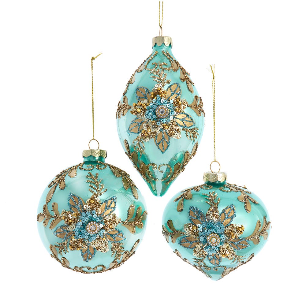 4" Aqua & Gold Glass Ball/Drop/Onion Ornament, 3 Assorted F2368
