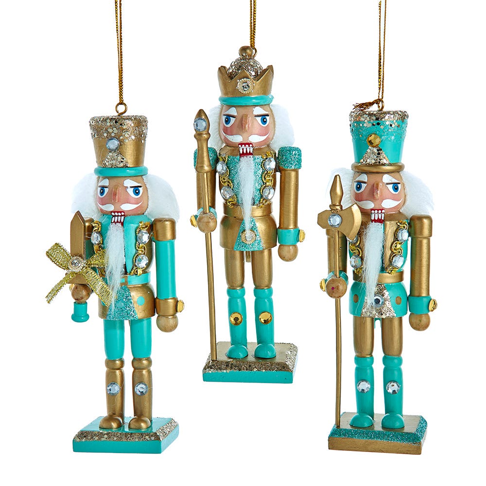 6" Wooden Aqua & Gold Nutcracker Ornament, 3 Assorted F2369