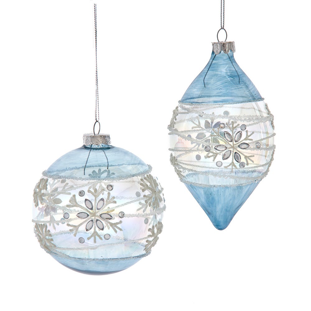 3-5.5" Blue & Clear Translucent Glass Ball/Finial Ornament, 2 Assorted F2396