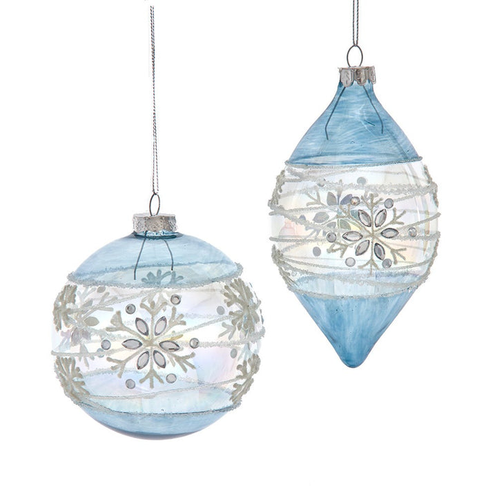 3-5.5" Blue & Clear Translucent Glass Ball/Finial Ornament, 2 Assorted F2396