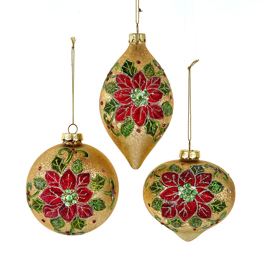 4" Glass Gold Poinsettia Ball/Drop/Onion Ornament, 3 Assorted F2397