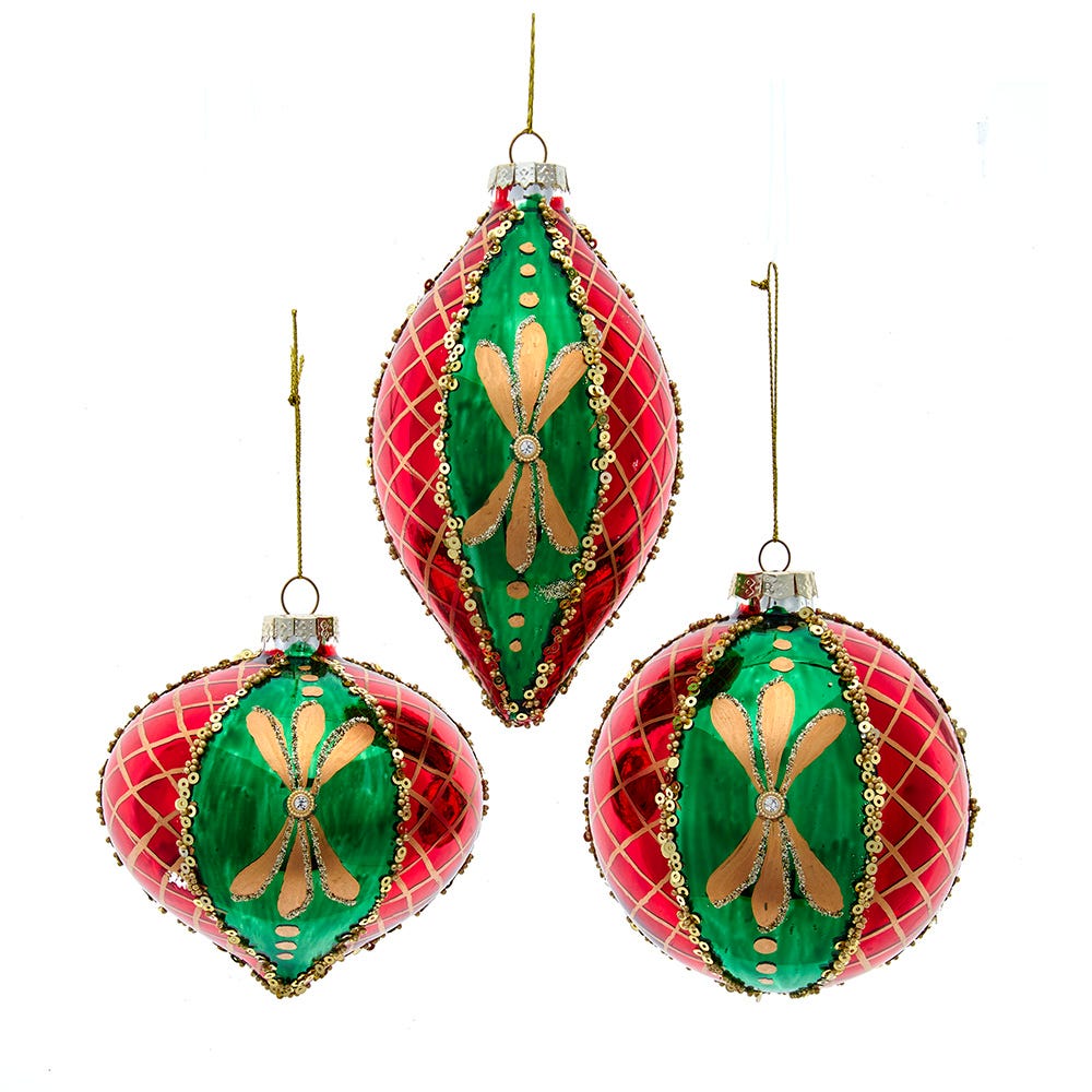4" Glass Red, Green and Gold Ball/Drop/Onion Ornament, 3 Assorted F2398