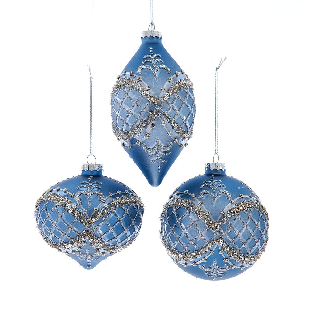 3-5.5" Blue Platinum Glass Ball/Onion/Finial Ornament, 3 Assorted F2403
