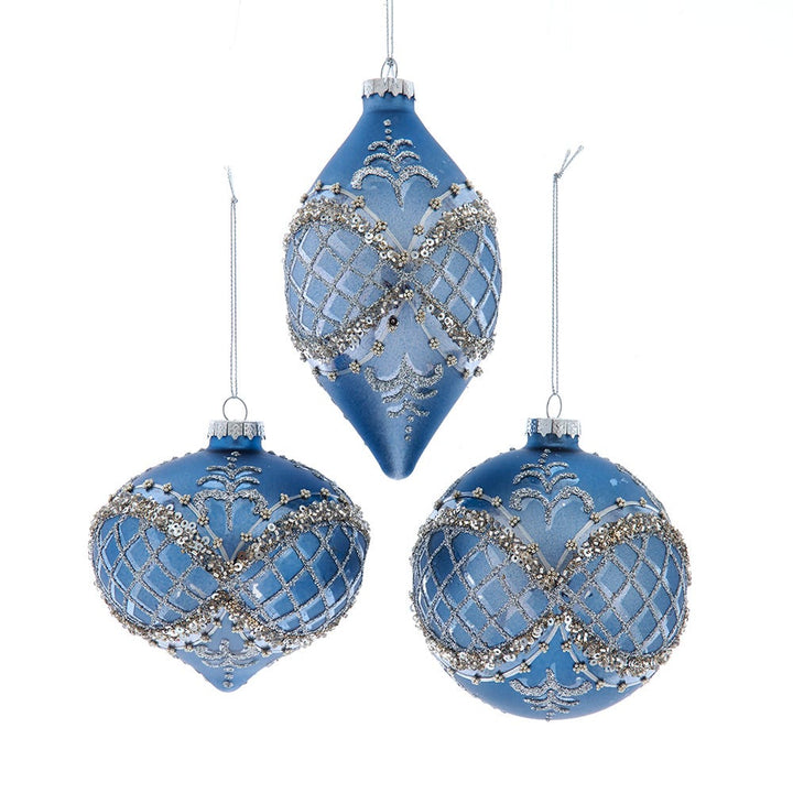 3-5.5" Blue Platinum Glass Ball/Onion/Finial Ornament, 3 Assorted F2403