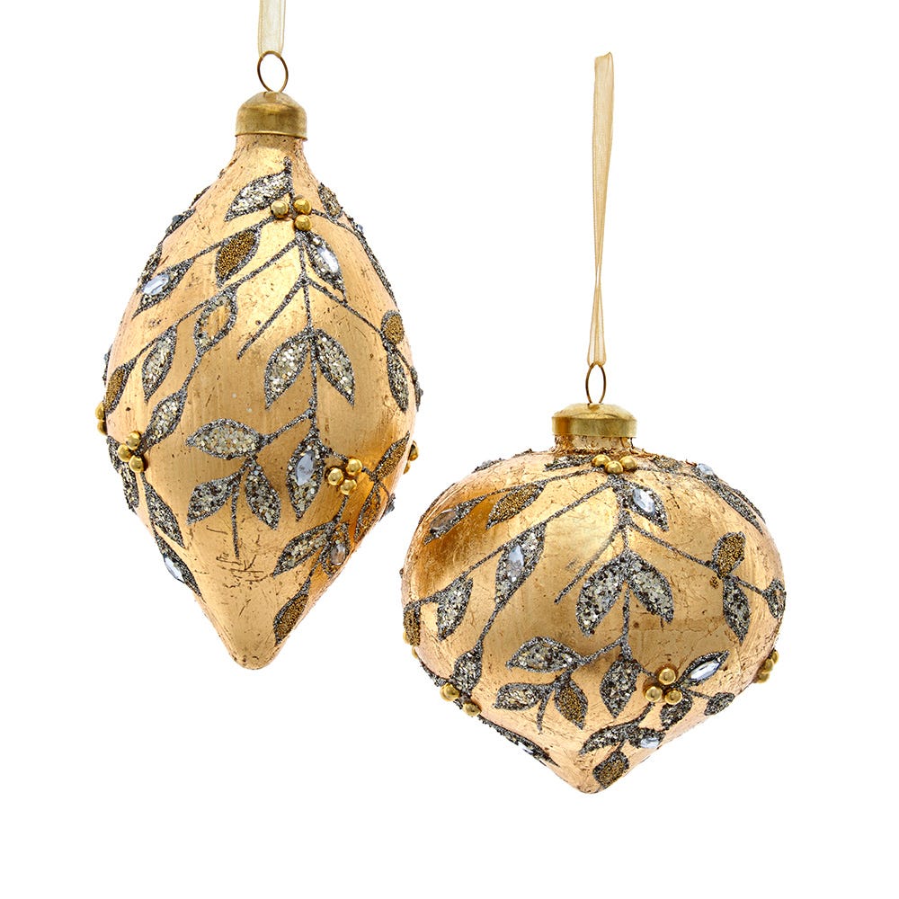 4" Glass Gold Leaf Onion/Drop Ornament, 2 Assorted F2435