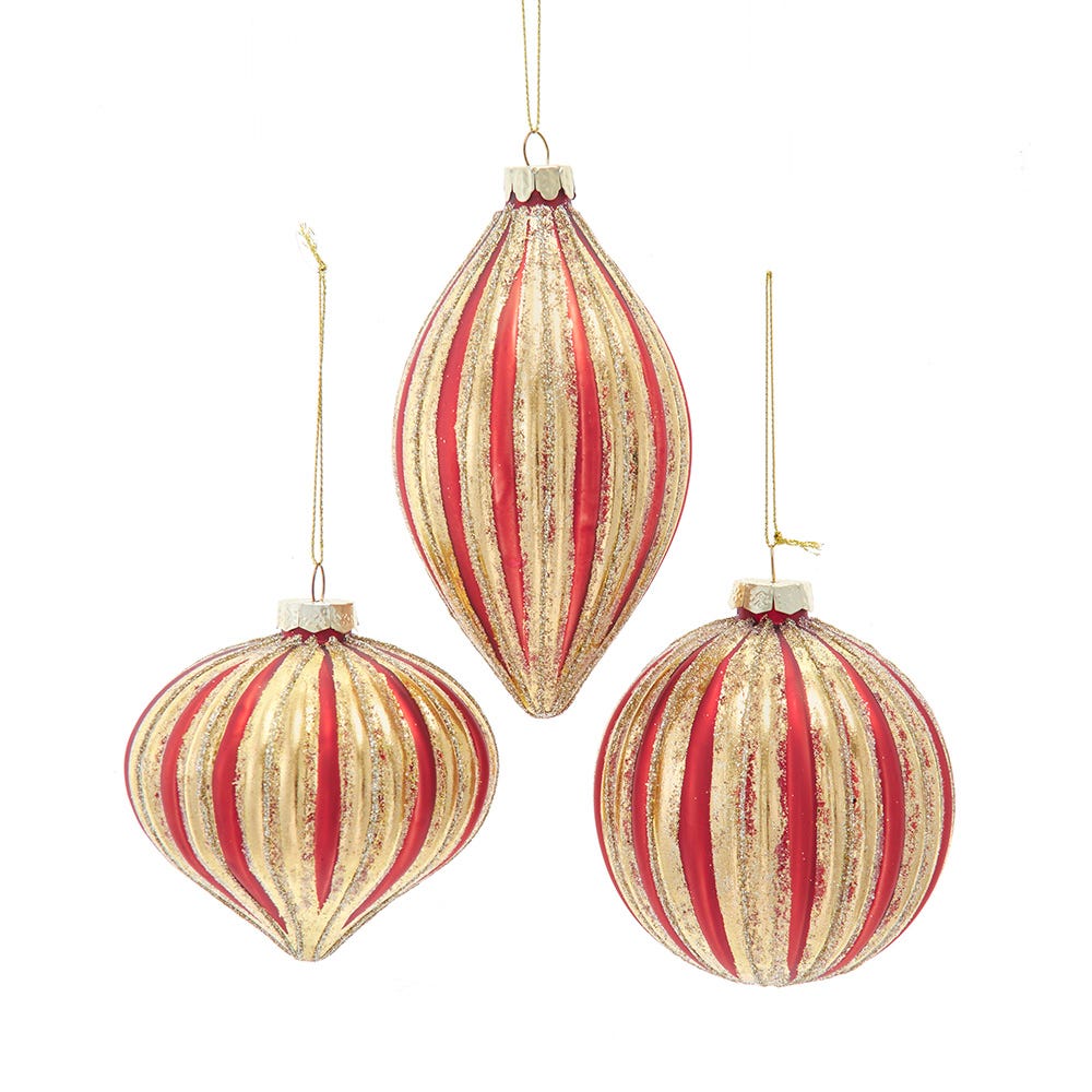 4" Glass Red and Gold Ball/Drop/Onion Ornament, 3 Assorted F2439