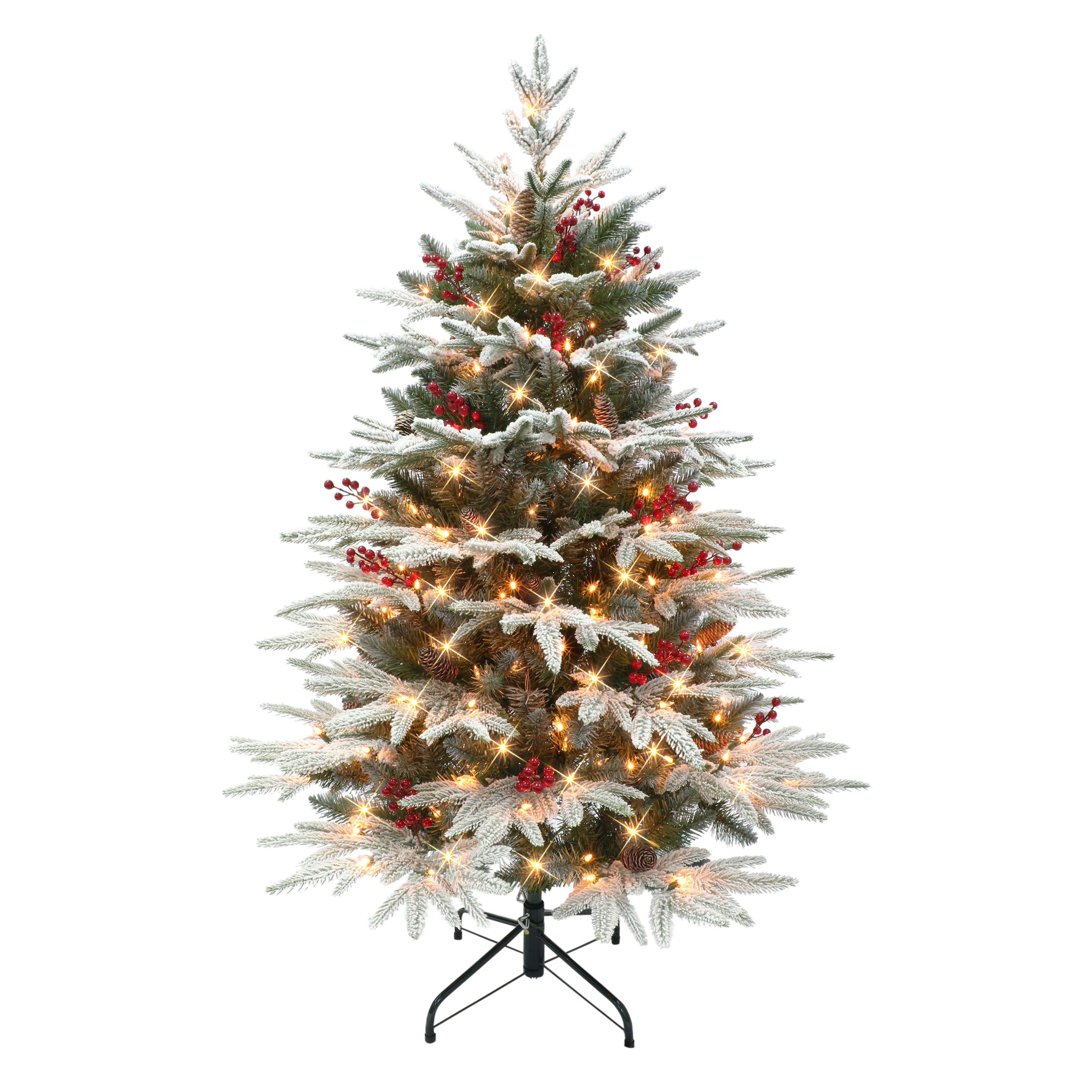 4.5 ft Pre-lit Flocked Halifax Fir Artificial Christmas Tree 250 UL Clear Lights Pinecones & Red Berries Metal Stand Green HXA-45C25