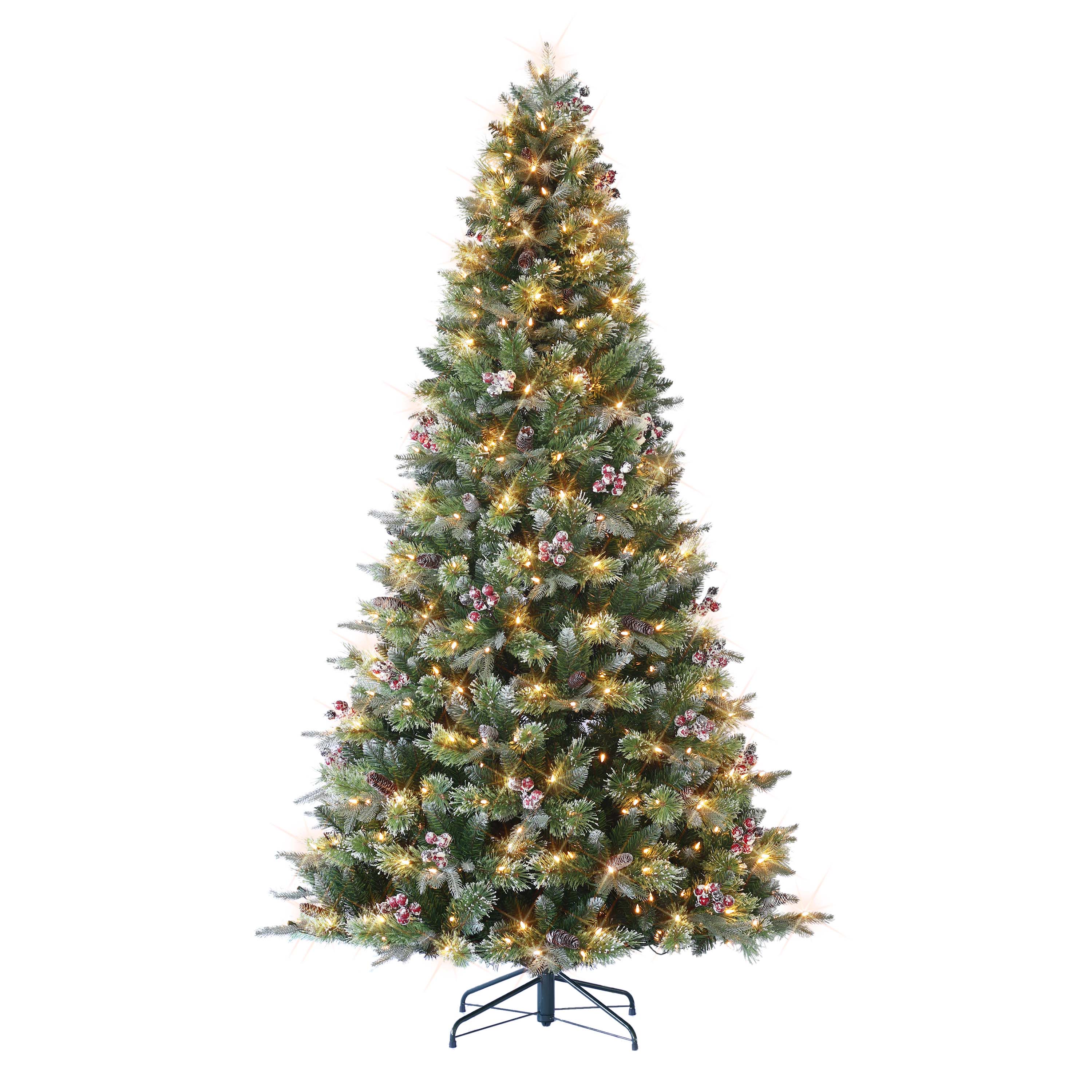 7.5 ft Pre-Lit Frosted Berry Spruce Artificial Christmas Tree with Sure-Lit Pole® 500 Warm White LED Lights UL Listed Adaptor Metal Stand Green BSFA-75QF5LW5