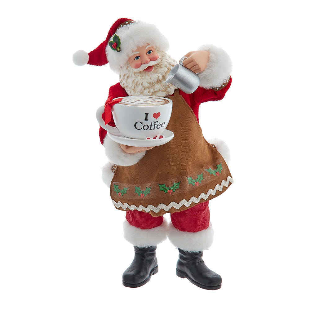 Kurt Adler 10.5-Inch Fabriché Santa with Oversized "I Love Coffee" Cup and Creamer FA0218