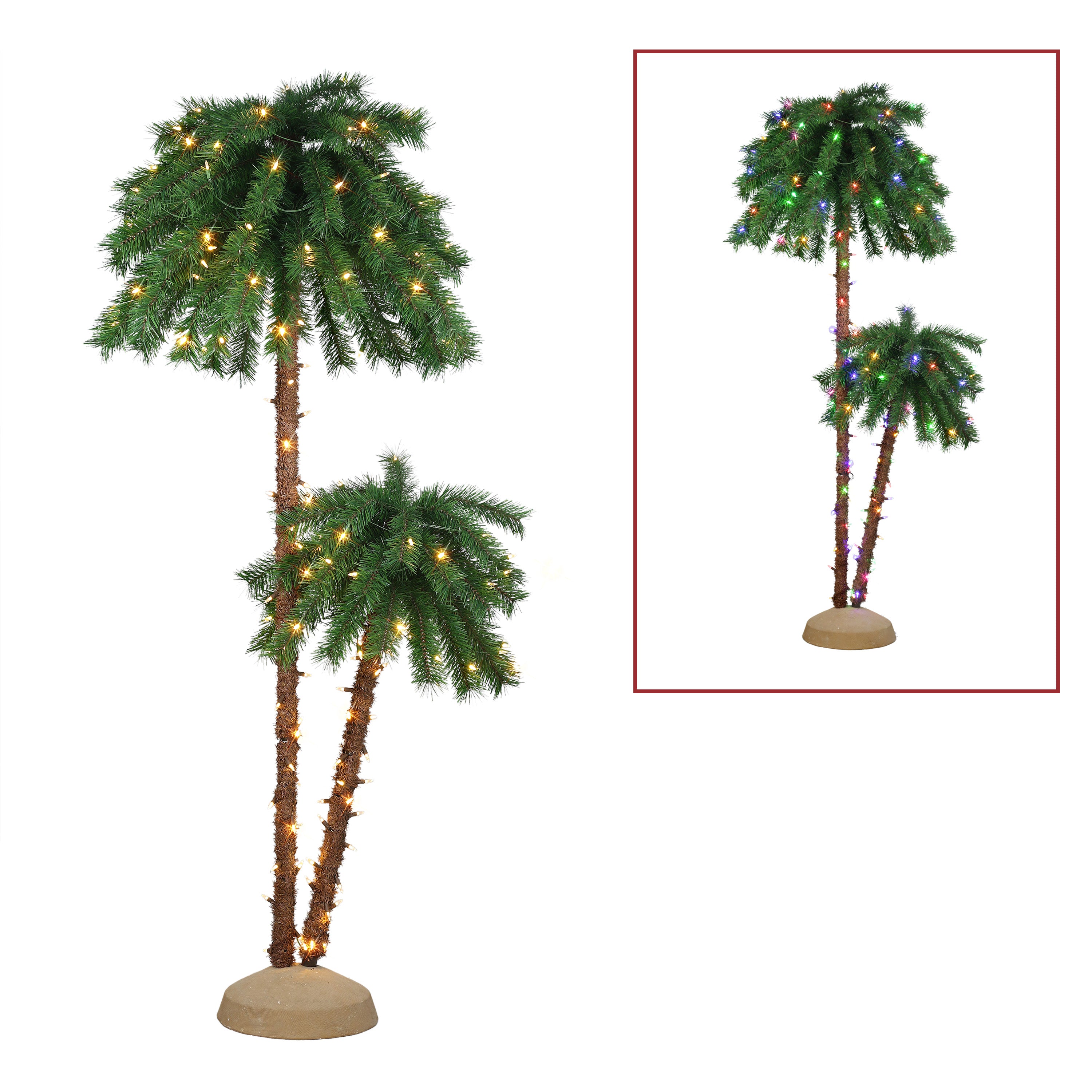 3.5 ft & 6 ft Pre-Lit Clear/Multi Double Trunk Artificial Palm Tree DT8346LD2A