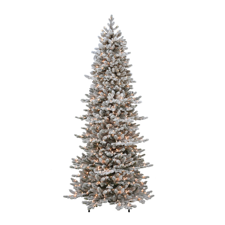 7.5 ft Pre-lit Flocked Slim Royal Majestic Douglas Fir Downswept Artificial Christmas Tree 500 UL Clear Lights Metal Stand Green RMDDSLFA-75C5