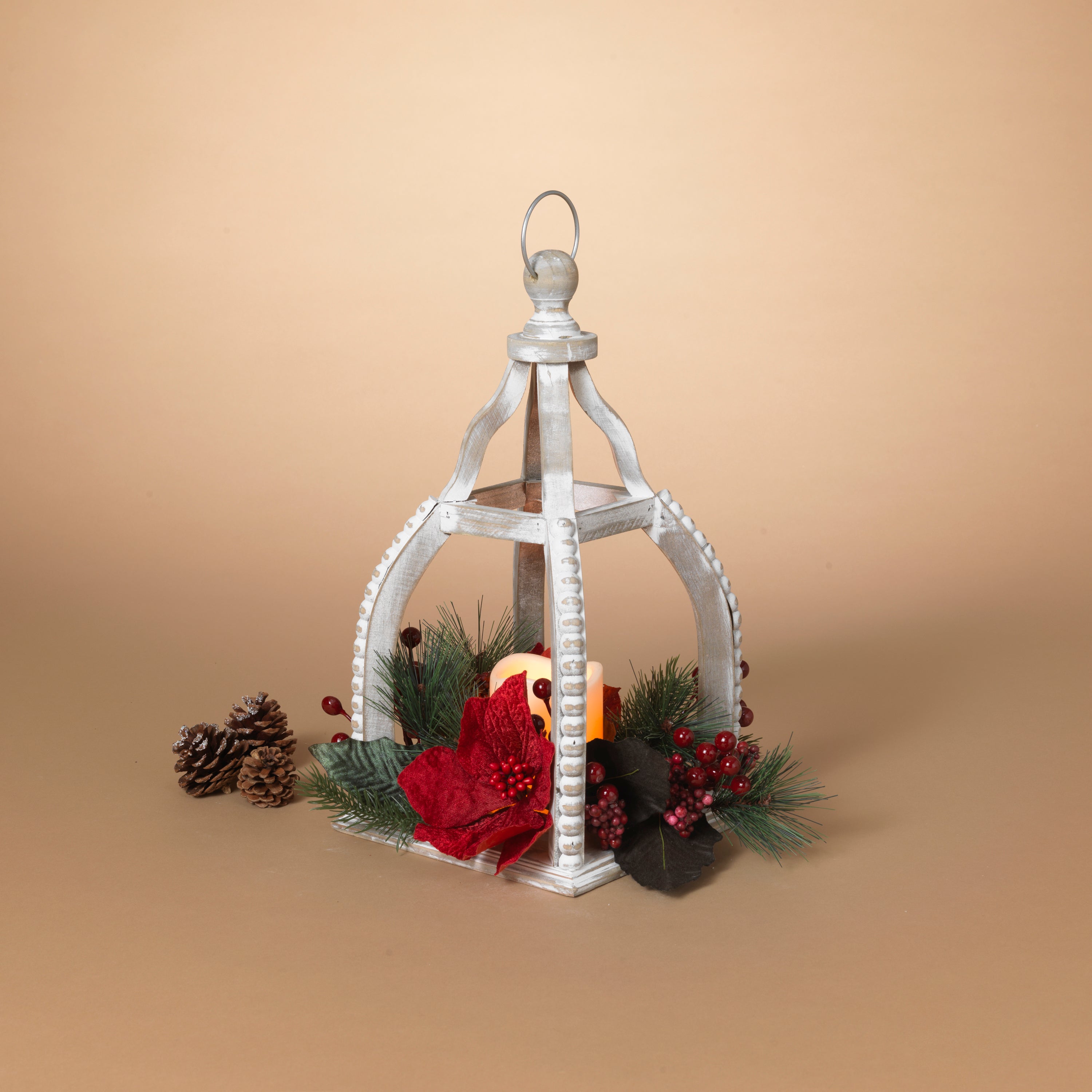 Hand detailed 14.6 in H Battery Operated Lighted Wood Holiday Lantern with LED Candle and Floral Accents 2732670EC