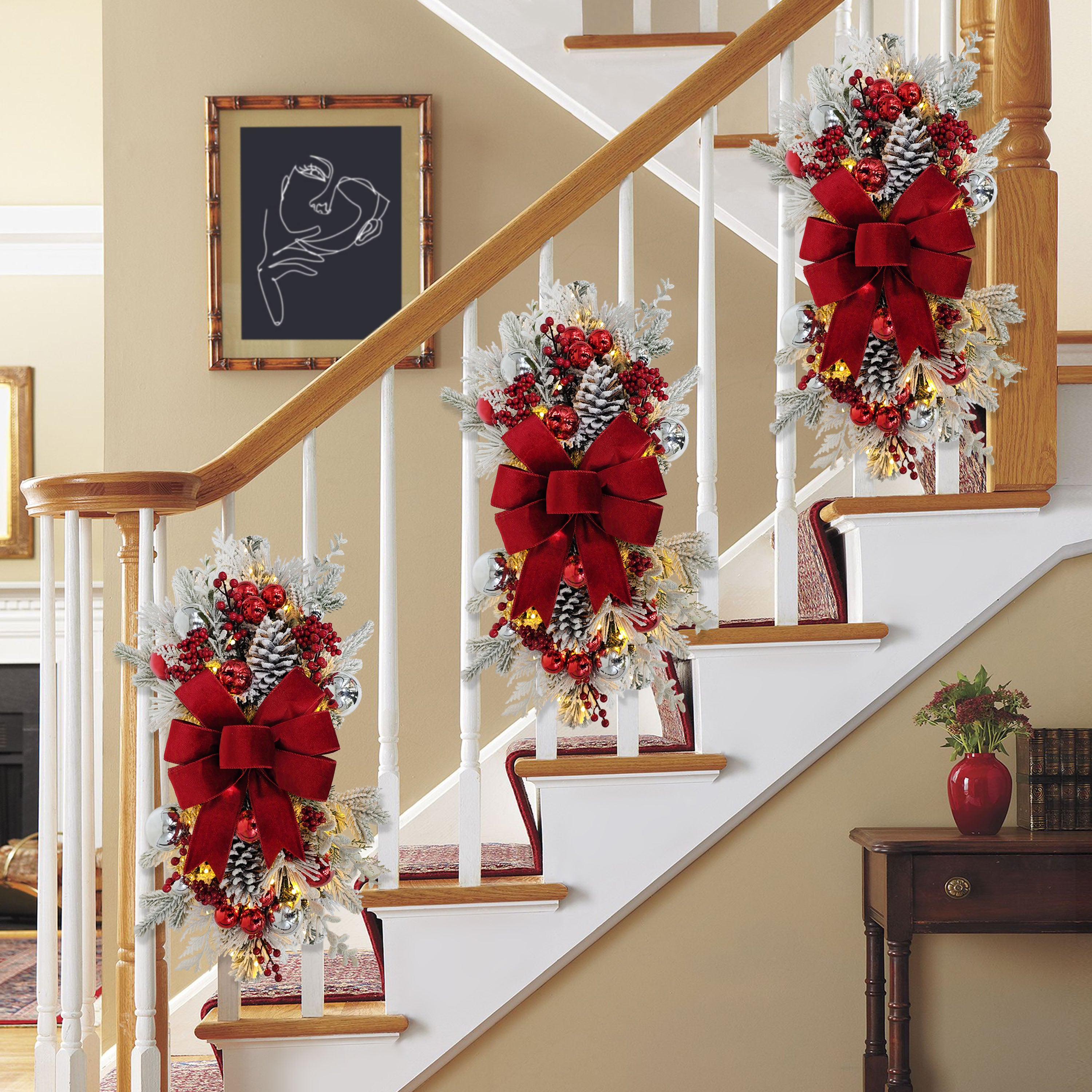 28" Pre-Lit Adorned Flocked Banister Swag
