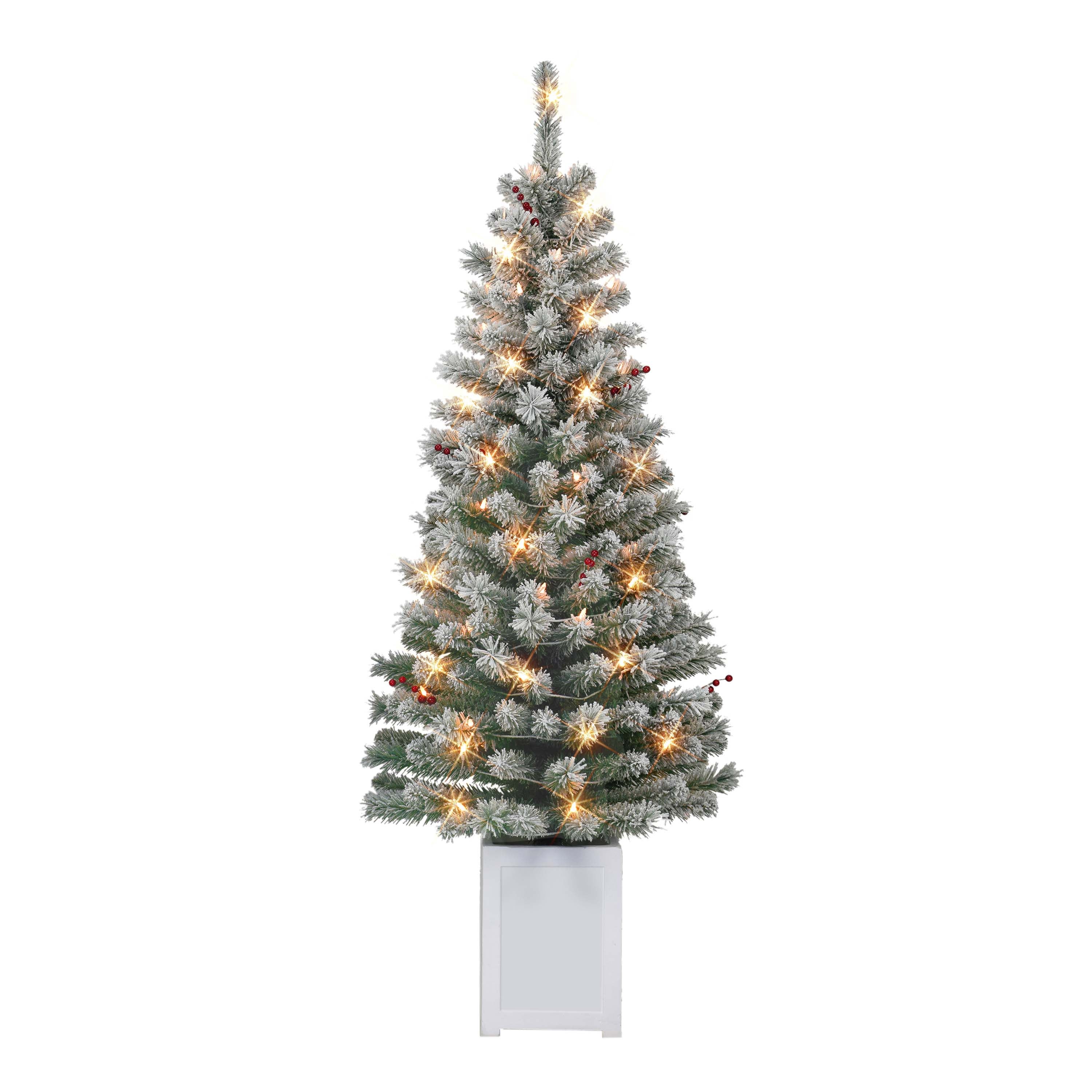 Set of 2 5 ft Pre-Lit Potted Flocked Western Spruce Trees 169 Tips 70 UL Clear Incandescent Lights WSFA-ST50C072