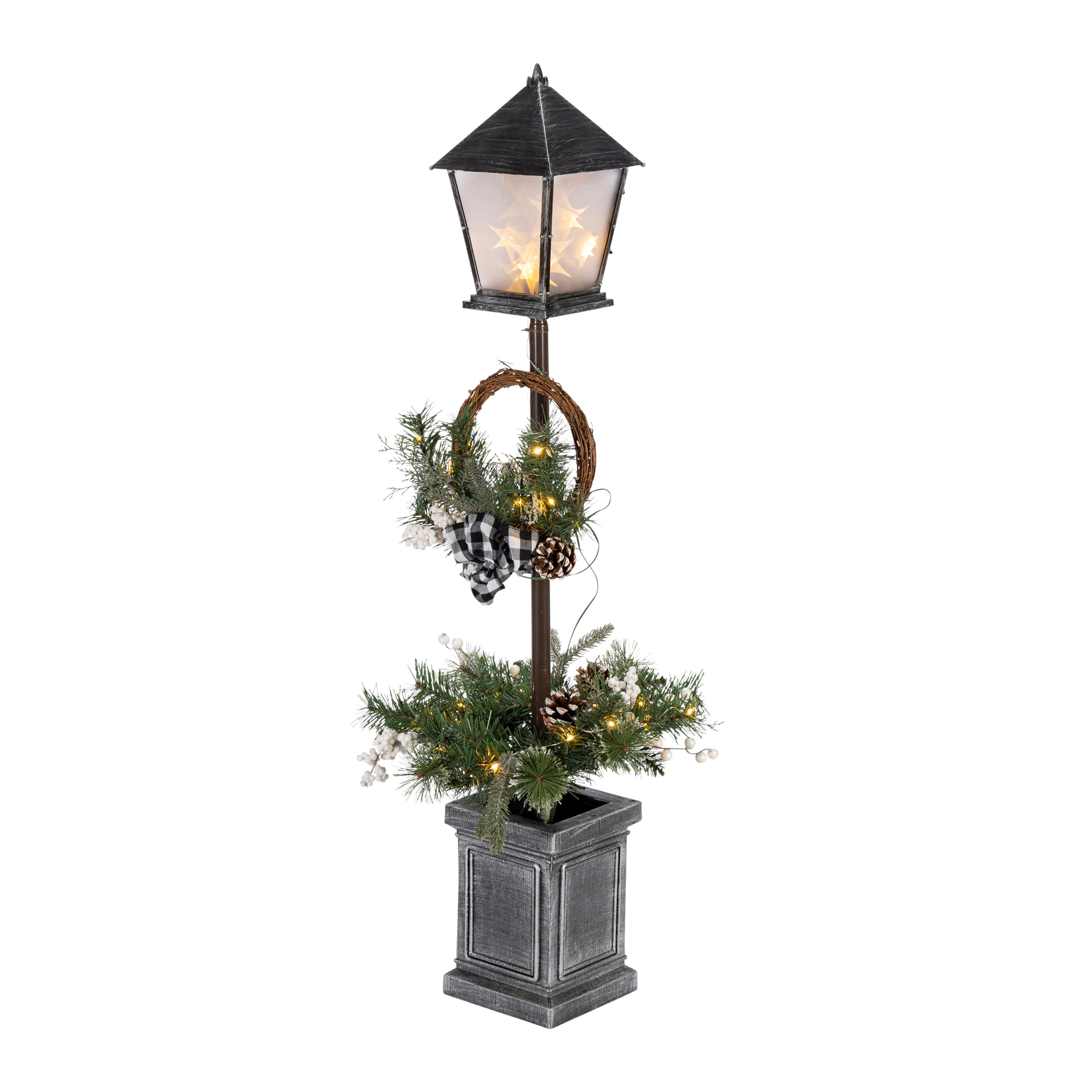 Hand detailed 4'H Battery Operated Lighted Mix ed Pine Lantern Pole Porch Tree with 40 – Holiday Accent Lantern 2459390MNDEC