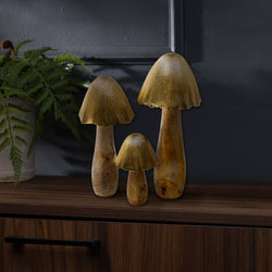 Set of 3 Rustic Aluminum and Mango Wood Mushroom Figurines