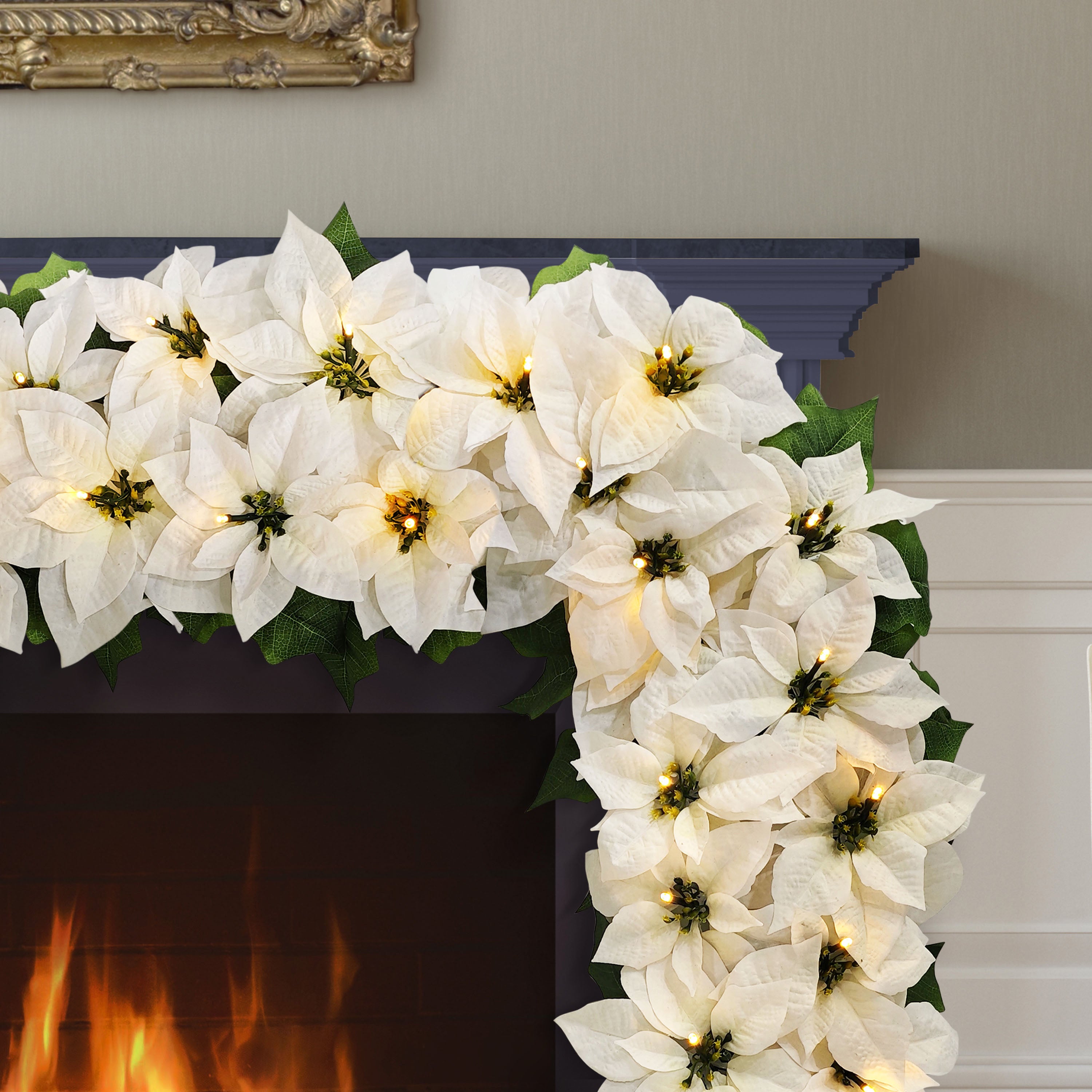 6' x 12" Pre-Lit Battery-Operated White Poinsettia Garland