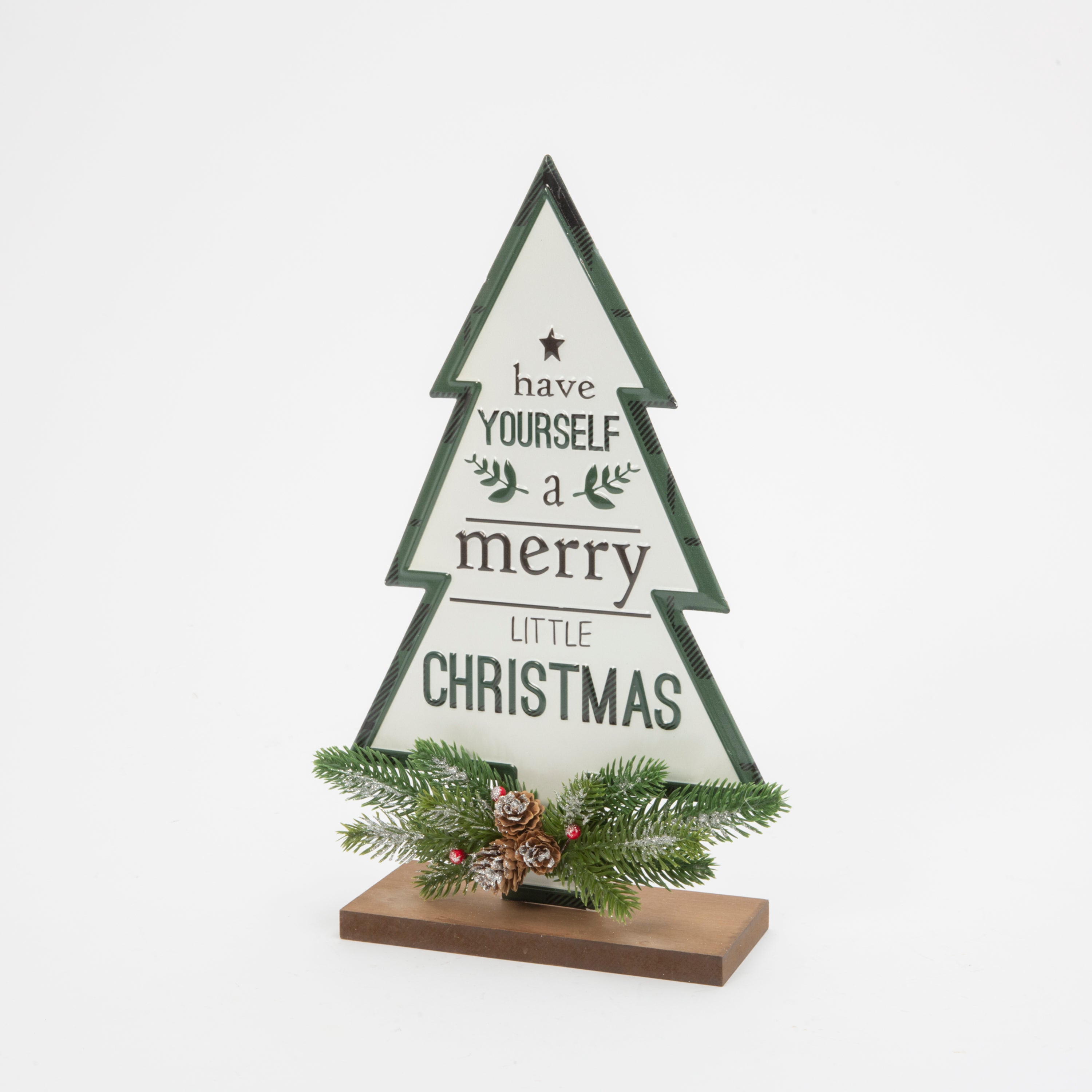 Lighted 17.5 in H Wood and Metal Christmas Tree with Embossed Sign and – Holiday Display Tree 2589660EC