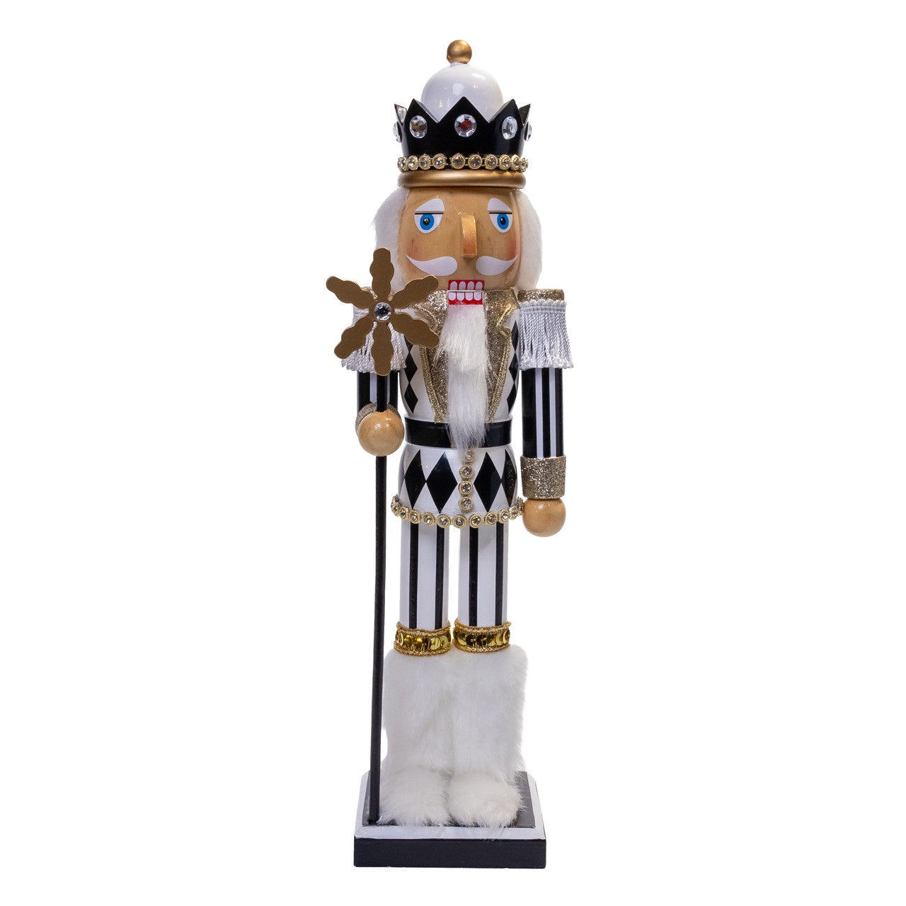 Kurt Adler 15" Black, White & Gold Nutcracker With Gold Glitter Staff #G5018A
