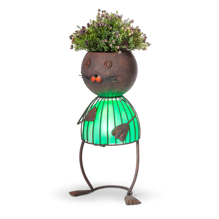 19.88 Inch Green Solar Garden Metal Cat  Planter 71653-Cat