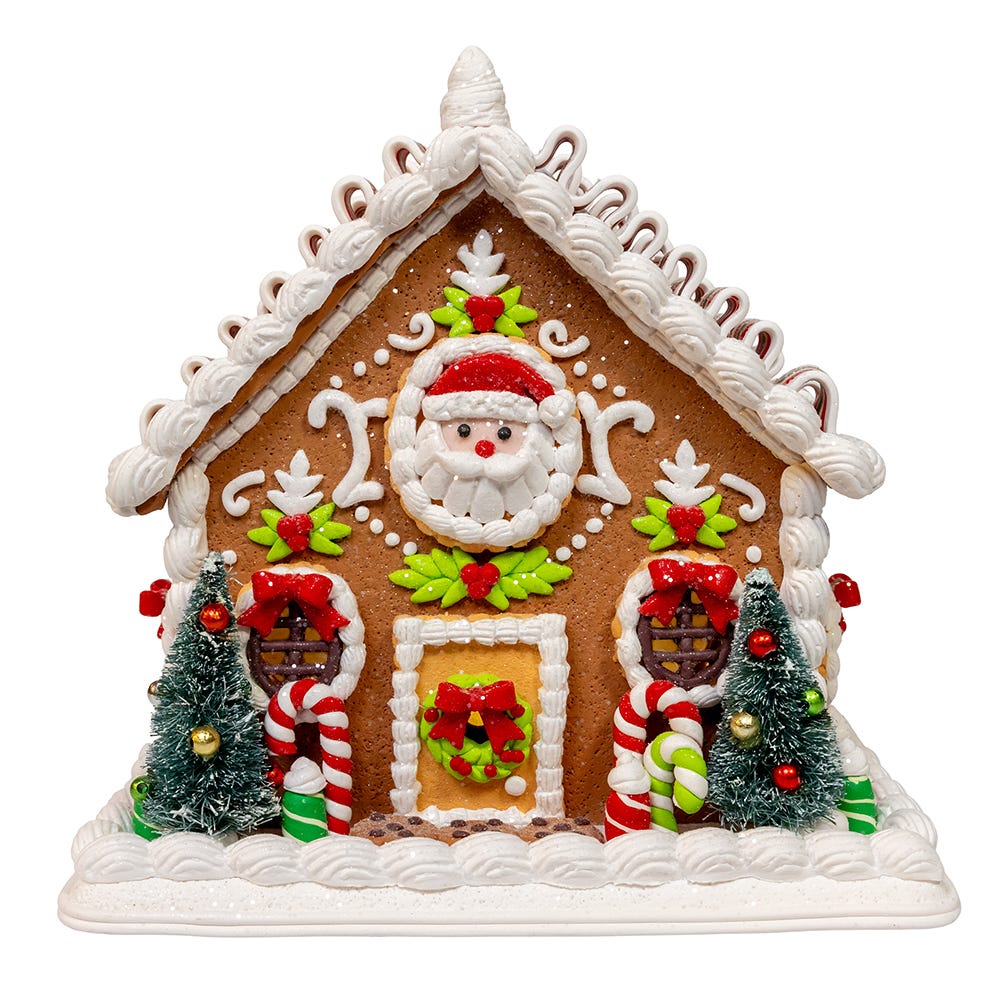 Kurt Adler 9 Inch Battery Operated Gingerbread House With Santa and Ribbon Candy Roof GBJ0059