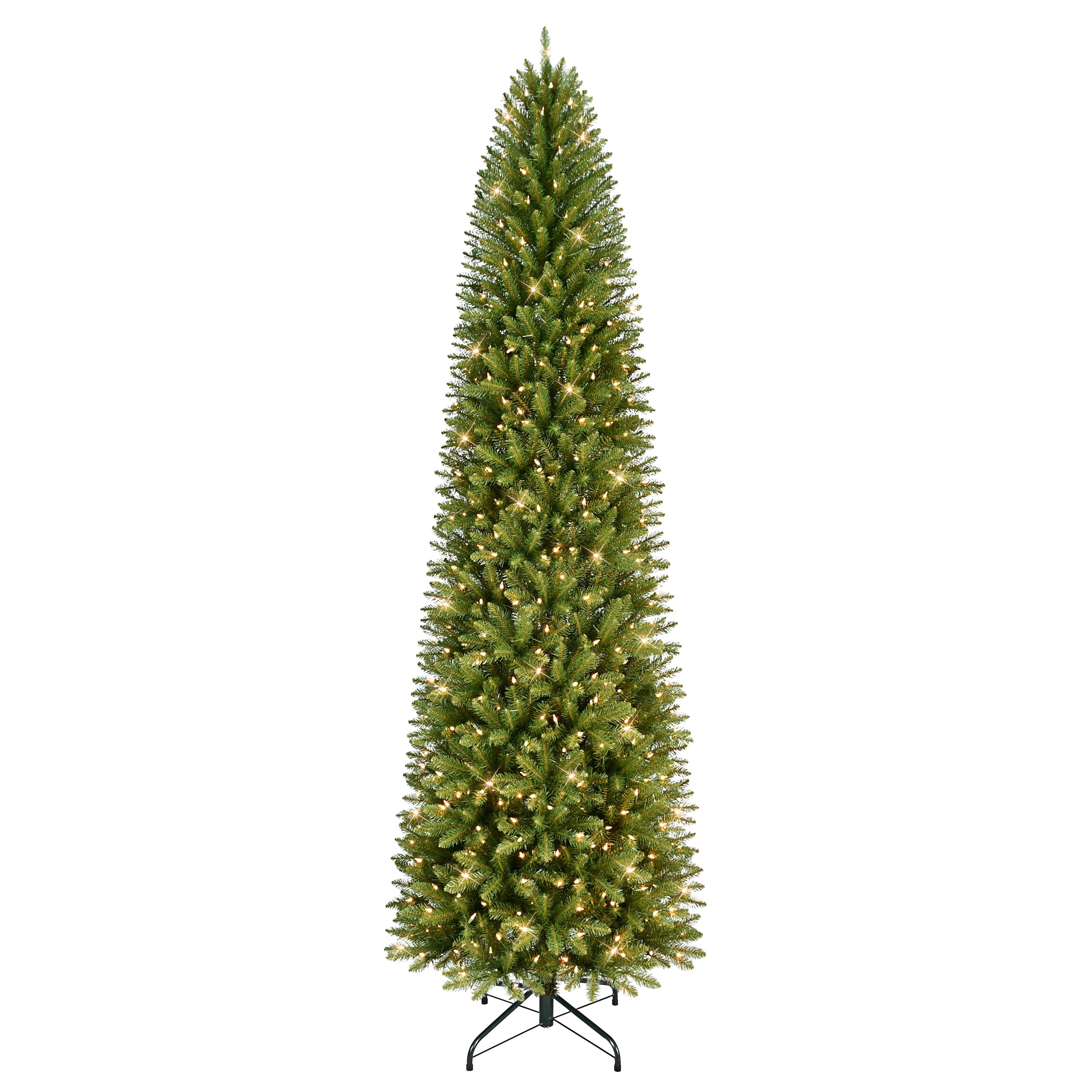 10 ft Pre-Lit Fraser Fir Pencil Artificial Christmas Tree with 650 UL Clear Lights On/Off Foot Pedal Metal Stand Green FFPTA-100C65
