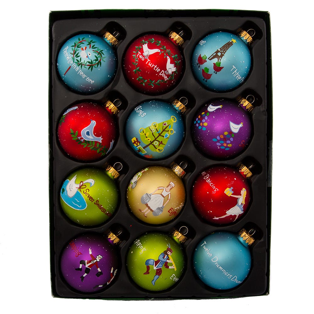 Kurt Adler 65MM Glass 12 Days Of Christmas Ball Ornaments, 12-Piece Boxed Set GG0586