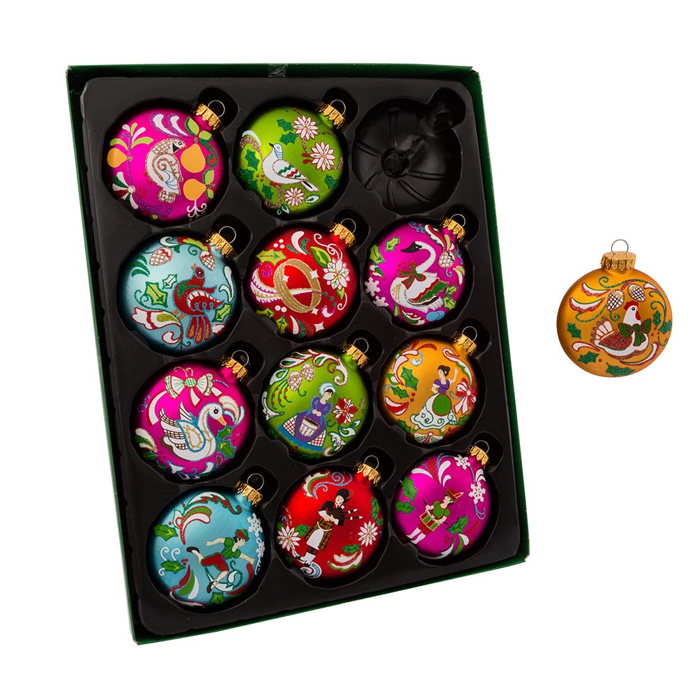 Kurt Adler 65MM Glass 12 Days Of Christmas Glass Ball Ornaments, 12-Piece Boxed Set GG0638