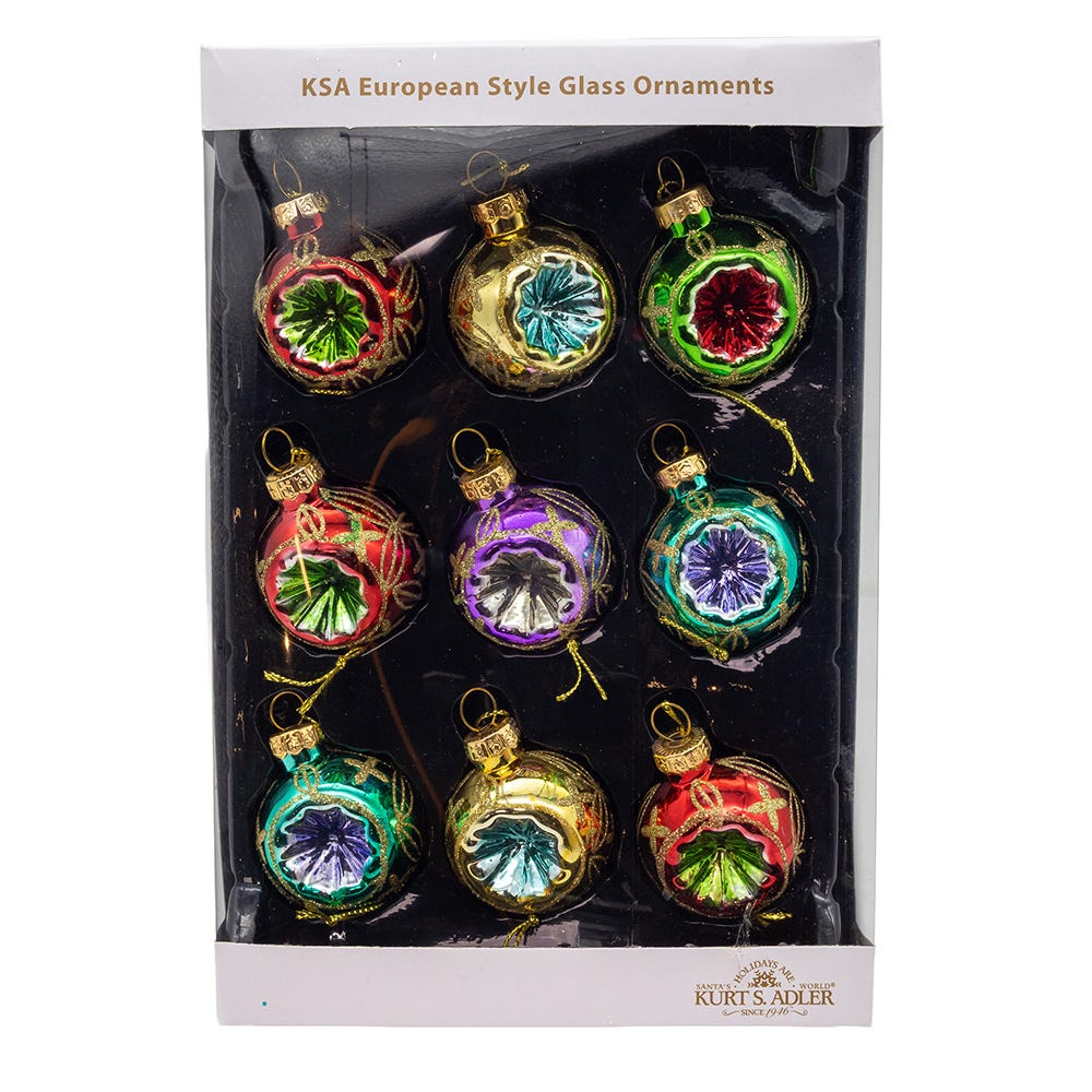 Kurt Adler 45MM Miniature Multicolored Glass Reflector Christmas Ornaments, 9-Piece Boxed Set GG0664