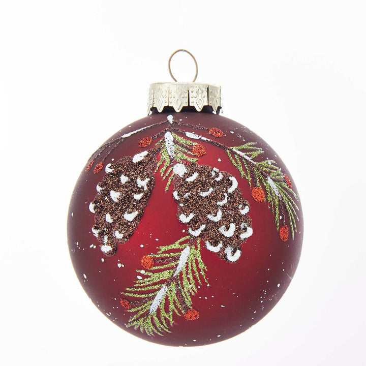 Kurt Adler 80MM Glass Red With Pinecone Design Ball Ornaments, 6 Piece Box Set