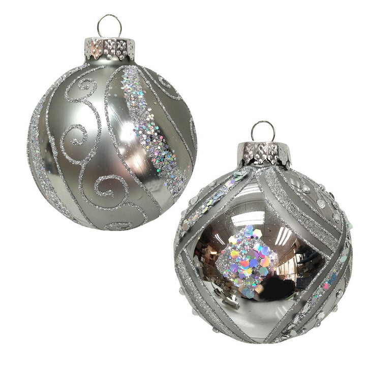 Kurt Adler 80MM Silver with Glitter and Sequins Glass Ball Ornaments, 6 Piece Box