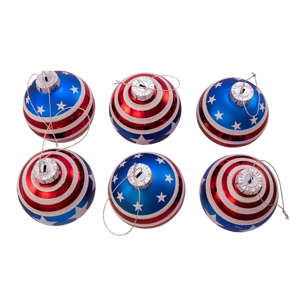 Kurt Adler 80MM Red, White and Blue Stars and Stripes Glass Ball Ornaments, 6 Piece Box