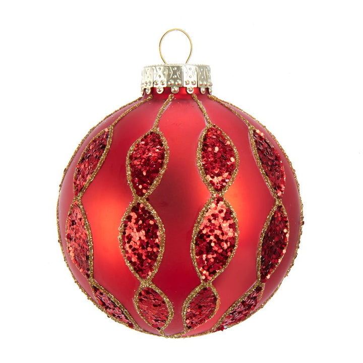 Kurt Adler 80MM Red with Glitter Pattern Glass Ball Ornaments, 6 Piece Box