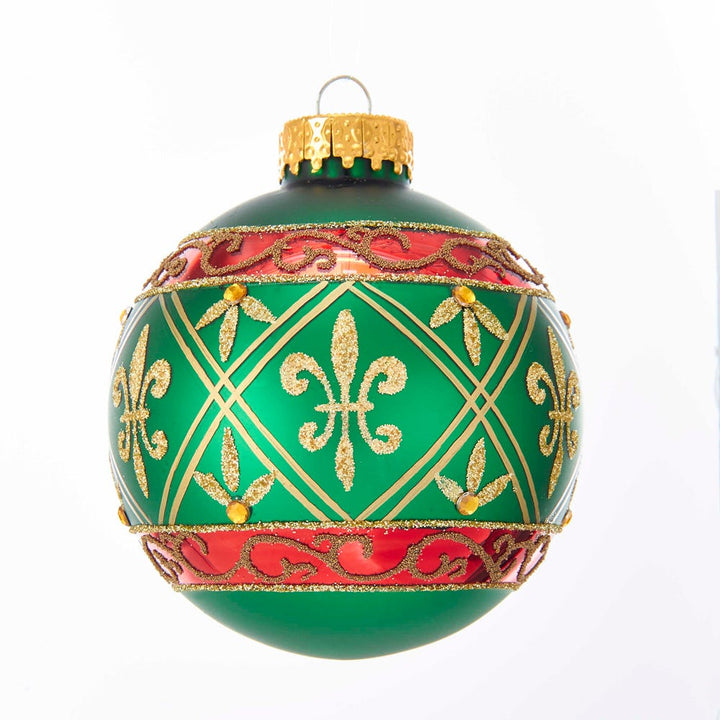 Kurt Adler 80MM Green Glass Ball Ornament With Red And Gold Fleur-De-Lis Design, 6-Piece Box