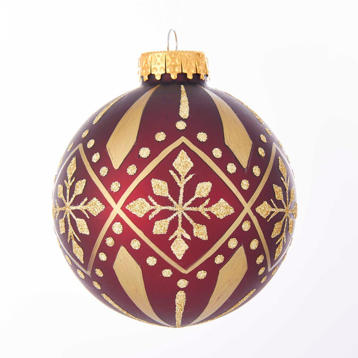 Kurt Adler 80MM Burgundy And Gold Patterned Glass Ball Ornaments, 6-Piece Box