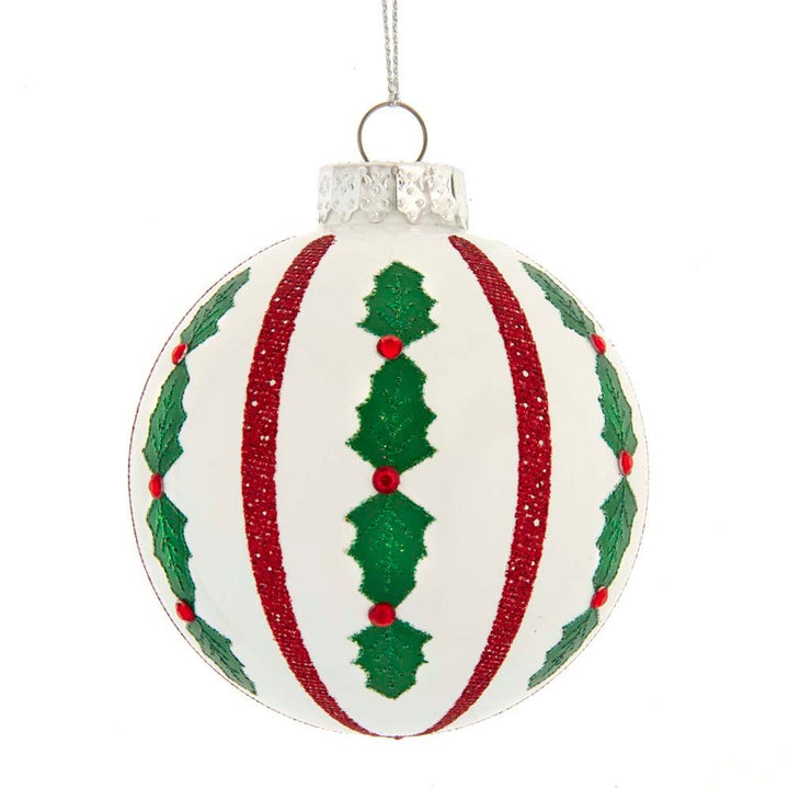 Kurt Adler 80MM Red and White Holly Leaf Glass Ball Ornaments, 6-Piece Set