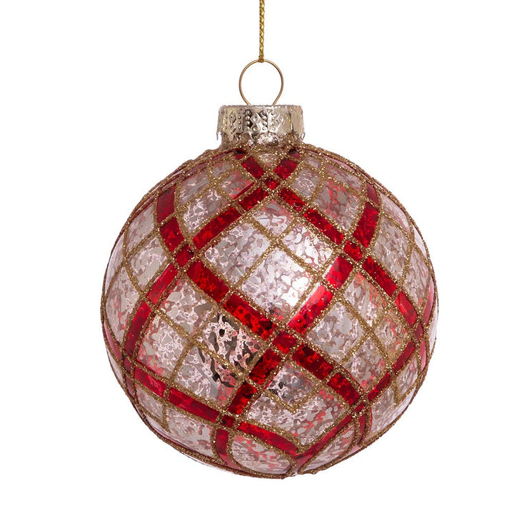 Kurt Adler 80MM Silver with Gold and Red Plaid Glass Ball Ornaments, 6-Piece Set