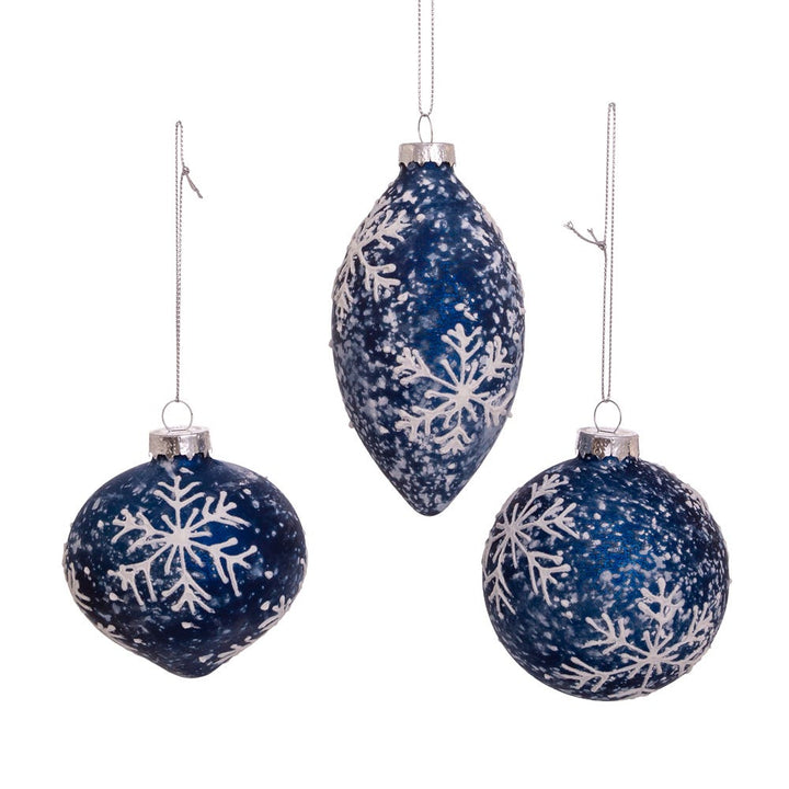 Kurt Adler 80MM Glass Ball, Onion, and Teardrop Ornaments with Snowflake, 3-Piece Set