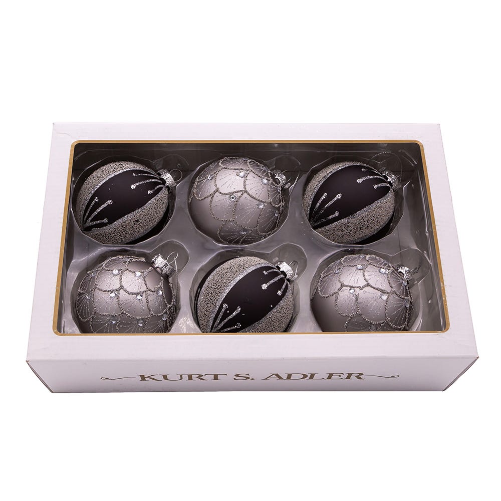 Kurt Adler 80MM Silver and Black Jeweled Glass Ball Ornaments, 6 Piece Set GG0993