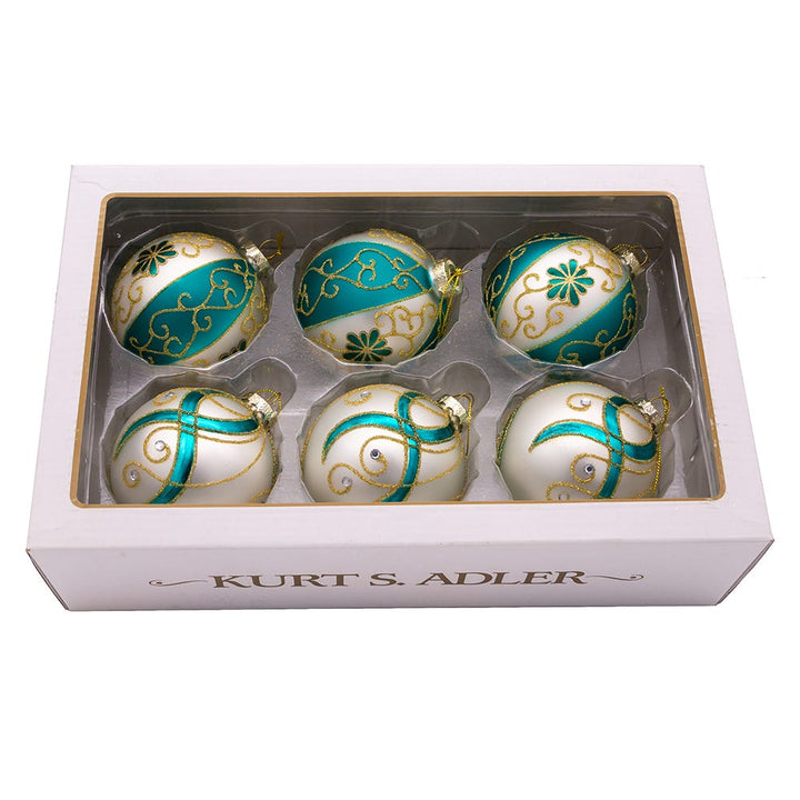 Kurt Adler 80MM Gold, Dark Teal and White Embellished Ball Ornaments, 6 Piece Set