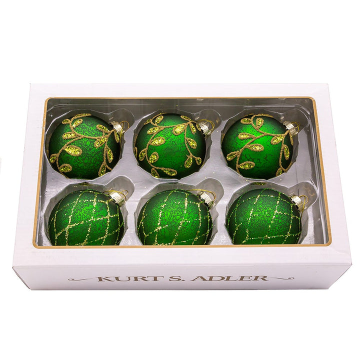 Kurt Adler 80MM Gold and Emerald Green Embellish Ball Ornaments, 6 Piece Set