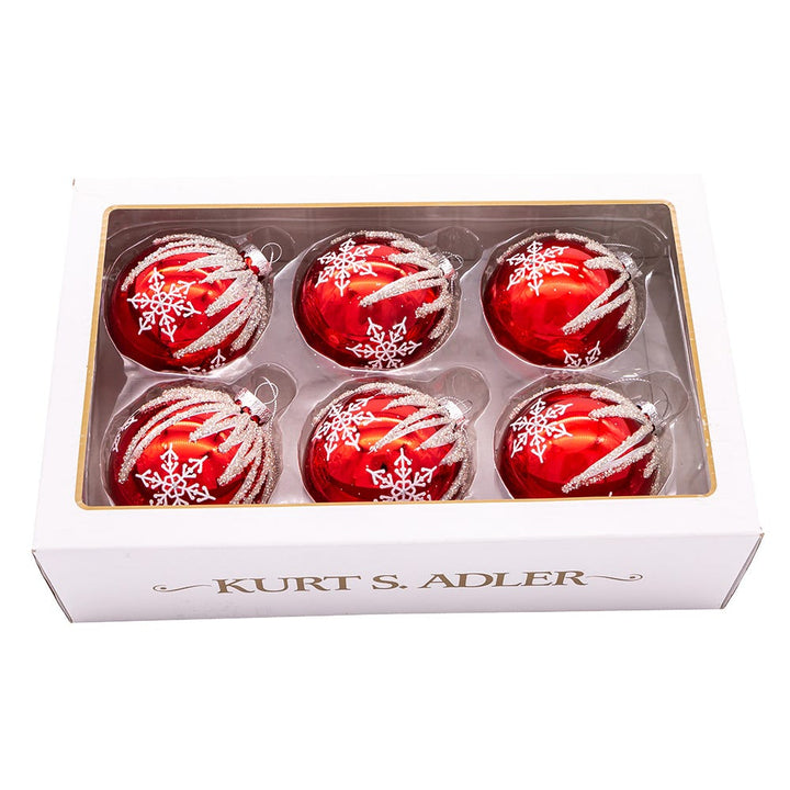 Kurt Adler 80MM Red and Silver Snowflake Ball Ornaments, 6 Piece Set