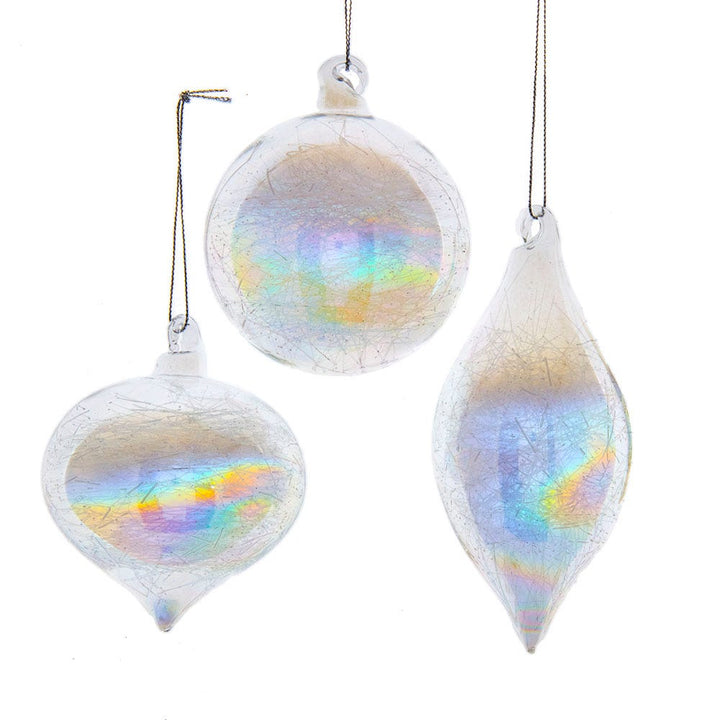 Kurt Adler 80MM Clear Iridescent Ball, Onion and Teardrop Ornaments, 3 Piece Set