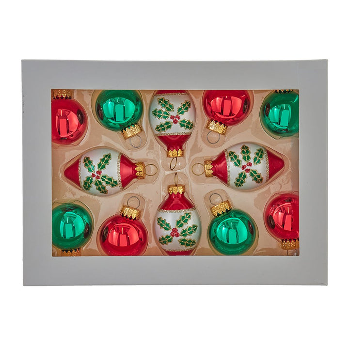 Kurt Adler 35MM Glass Green and Red Ball and Finial 12-Piece Ornament Set