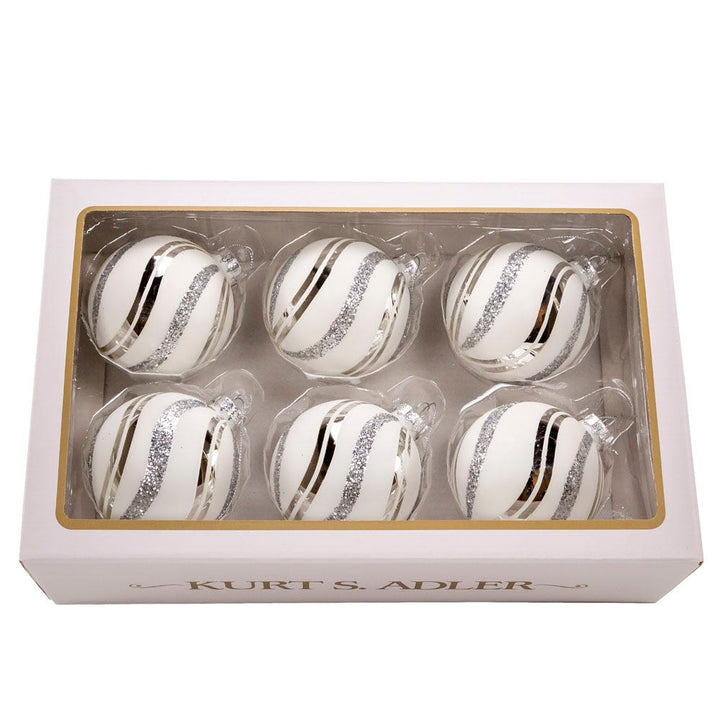 Kurt Adler 80MM Glass White Glittered Swirl 6-Piece Ball Ornament Set