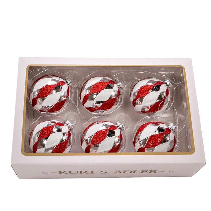 Kurt Adler 80MM Glass Red, White and Silver 6-Piece Ball Ornament Set