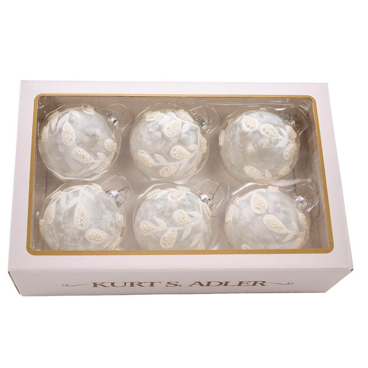 Kurt Adler 80MM Glass White Pearl 6-Piece Ball Ornament Set